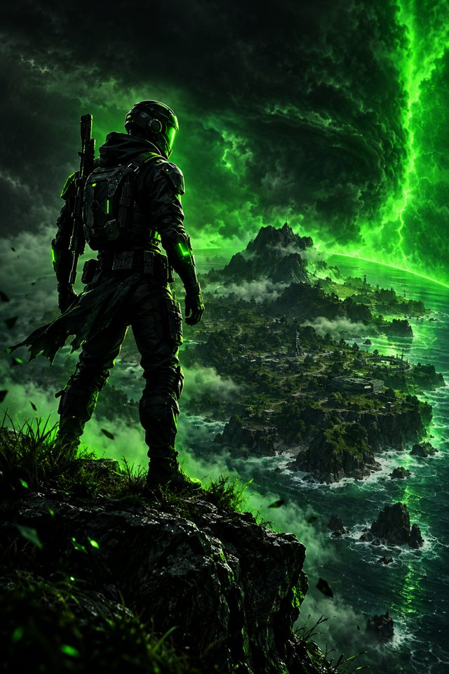 Armored player standing above a storm-swept island